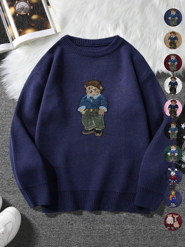 Cartoon Bear Detail Crew Neck Sweater, Casual Loose Long Sleeve Jumper for Fall & Winter, Fashion Ladies' Knitwear for Daily Wear