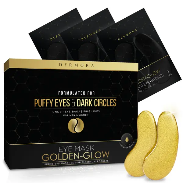DERMORA Golden Glow Under Eye Patches - Rejuvenating Treatment for Dark Circles, Puffy Eyes, Refreshing, Revitalizing, Travel, Firming, Wrinkles Mask Smooth