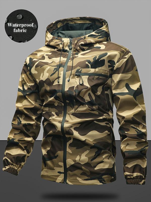 Men's Casual Solid Camo Camouflage Pocket Drawstring Hooded Long Sleeve Jacket, Regular Fit Fitted Zip Up Jacket, Stylish Outfit for Spring & Fall, Menswear, Men's Tops, Coats, Casual Jackets, Zipper Hooded Jacket