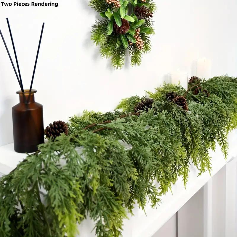 Artificial Cedar Garland 72" with 10 artificial pine cones - Decorative Plant for Home Party Wedding DIY Real Touch Pine Garlands Decorative Greenery Fruit Winter Theme Rustic Style