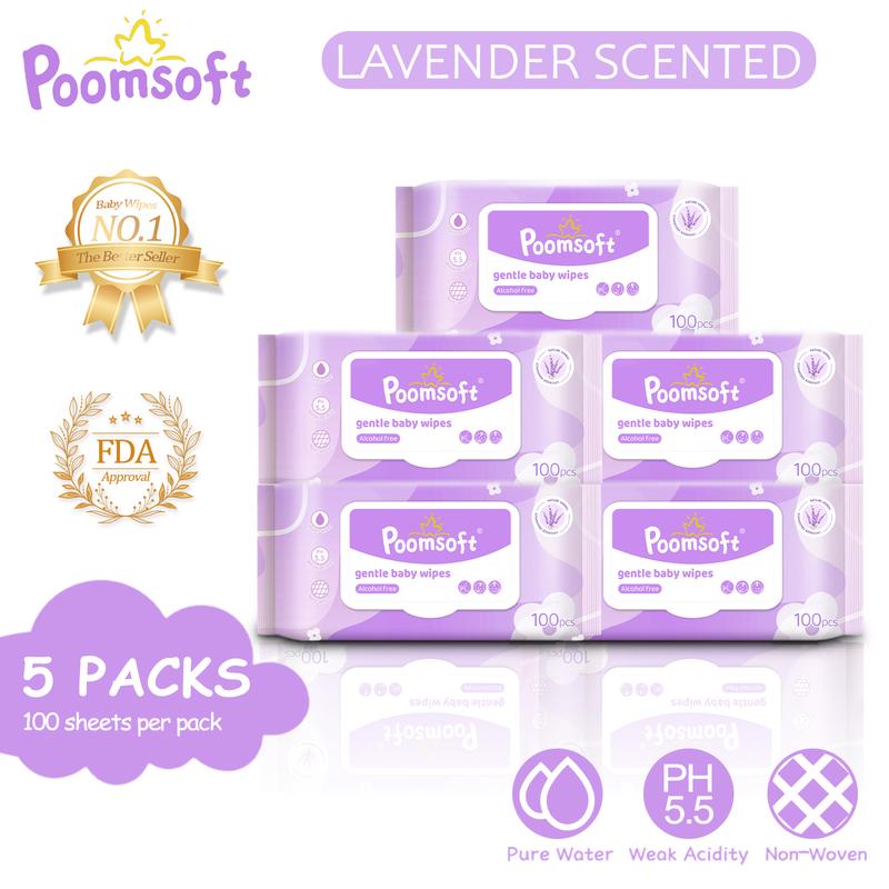 Poomsoft 5 Packs x 100 Sheet Purple Lavender Scented Alcohol-Free Baby Wipes Wet Tissue Gentle Disposable Cotton Wipes Baby Gift baby wipes FDA Approved