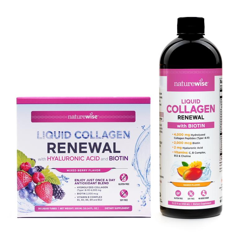 NatureWise Liquid Collagen Renewal - Hydrolyzed Liquid Collagen for Women & Men 4000mg - High Absorption Liquid Collagen Drink - Type 1 & 3 Peptides + Biotin + Vitamin C + B Complex & Hyaluronic Acid - Mixed Berry or Mango Flavor - Beauty Supplement
