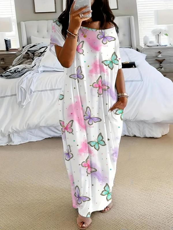 Women's Tie-Dye Butterfly Heart Print Nightgown, Round Neck Loose Fit with Pockets, Comfortable Soft Sleep Dress, Loungewear for All Seasons