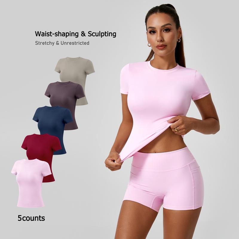 TimeOFF 5-Piece Solid Sports Tee Set Round Neck Slim Stretchy Ideal for Yoga Gym Workouts Women's Athletic Wear Sporty Style Clothes gym shirts workout tops oversized gym shirts Fitness Outfit,summerwins
