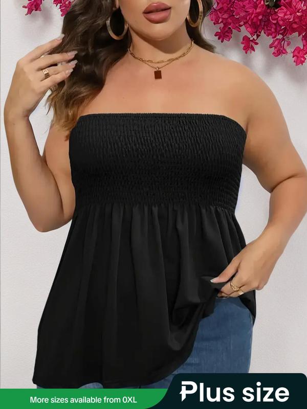 Plus Size Solid Ruffle Hem Shirred Fitted Tube Top, Boho Fashion Chic Elegant Style Tops, Lady Strapless Top, Womenswear, Casual Sleeveless Strapless Black Top