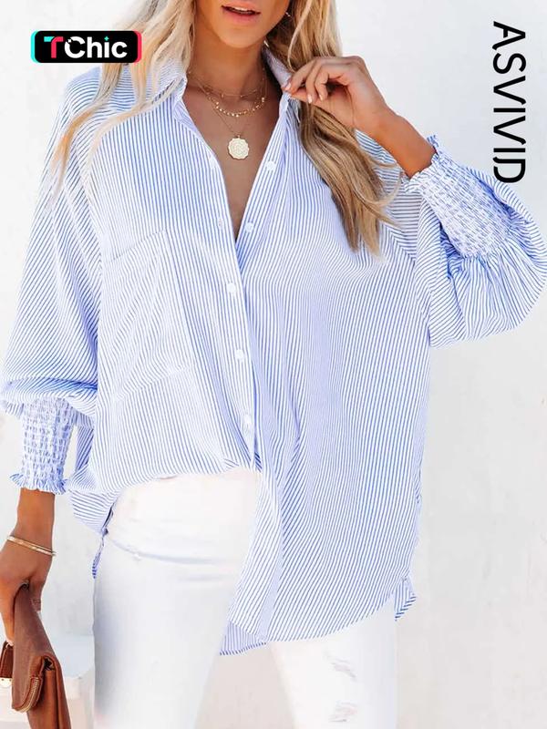 Women's Striped Print Button Front Frill Trim Raglan Sleeve Pocket Design Shirt Blouse, Casual Long Sleeve Shirred High Low Top for Spring & Fall, Ladies Clothes