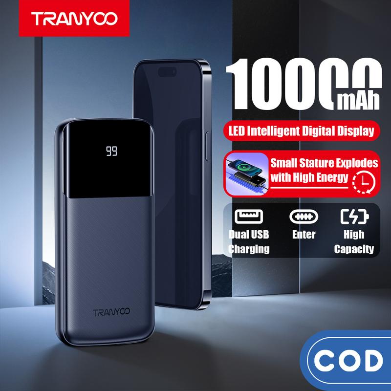 TRANYOO D08 10000mAh Original Power Bank Black Fast Charging Ultra-thin Portable Design Screen Digital Display Two USB Outputs One Type-C Input Suitable for PowerBank Earphones iPhone Android DevicesAccessories LithiumSmartphone Chargeable First aid