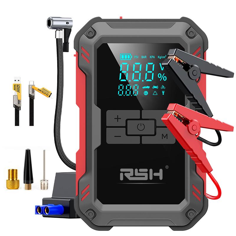 15,000 mAh jump starter power bank — starts 12V battery vehicles. Features a 150 PSI air compressor, charging function, tire pressure detection, and LED light. Includes jumper cables, an air hose, a storage bag, and a 4-in-1 charging cable.