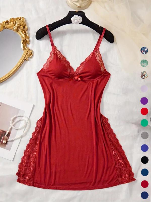 Women's Contrast Lace Bow Front Split Backless Fitted Cami Nightdress, Breathable Sleep Dress Nightwear for Women, Soft Comfortable Solid Modal Spaghetti Strap Nightgown for Women