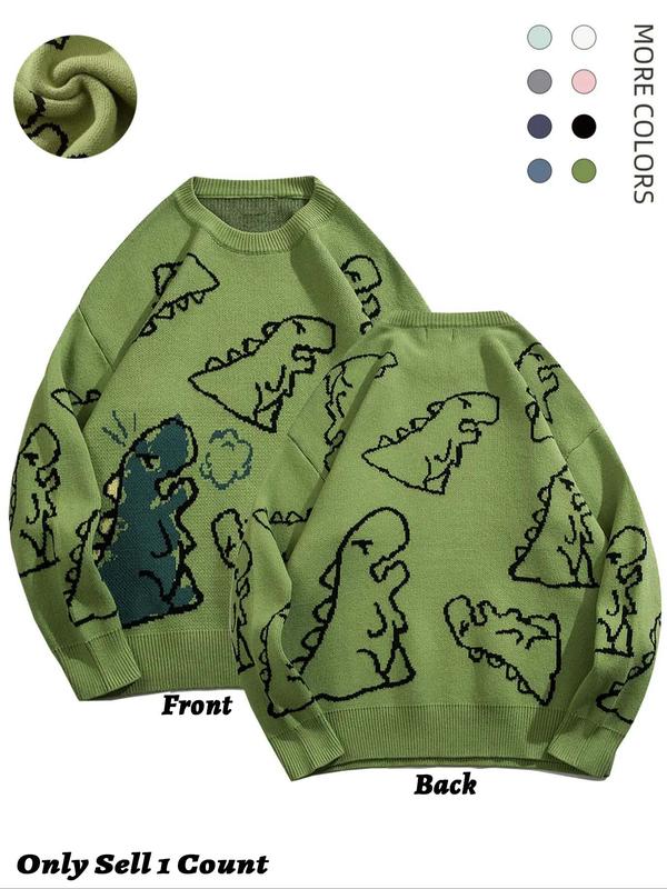 Men's New Trendy Round Neck Long Sleeve Dinosaur Sweater, Lounge Loose Medium Stretch Crew Neck Jumper for Fall & Winter, Casual Men's Knitwear for Daily Wear