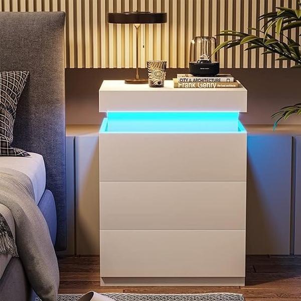 Sikaic Nightstand with Charging Station and LED Lights, Night Stand with Sliding Top for Bedroom, Bedside Table with Drawers, Modern End Side Table
