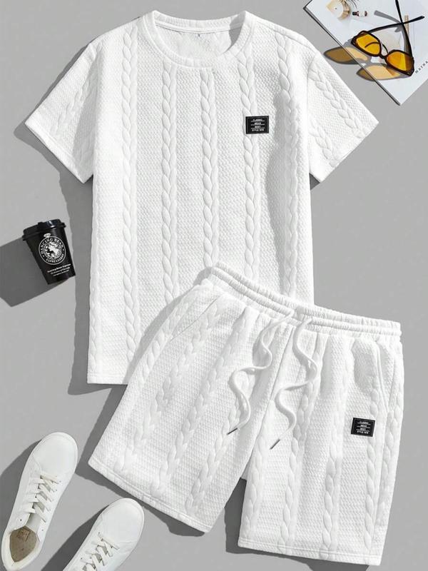 Men's Solid Textured Patched Tee & Drawstring Waist Shorts Set, Regular Fit Round Neck Short Sleeve T-Shirt & Pocket Shorts, Men's Summer Casual Outfit Set Clothes