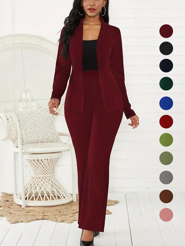 Women's Two-Piece Matching Set, Plain Button Lapel Fitted Blazer & Suit Pants, Elegant Business Casual Long Sleeve Outerwear & Trousers for Daily Outdoor Wear, Women's Clothing for All Seasons