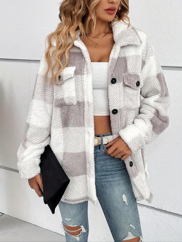 Women's Plaid Soft Fuzzy Coat with Button Front , Casual Drop Shoulder For Fall & Winter Outerwear