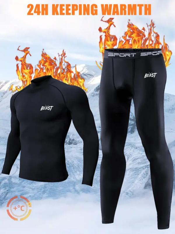 Men's 2-Piece Thermal Compression Set, Long Sleeve Turtleneck Top & Pants, Breathable and Stretchy Base Layer for Running, Cycling and Training in Cold Weather, Compression Tops
