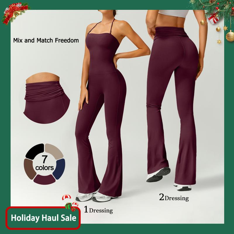 TIMEOFF Women's Halter Neck High Waist Butt Lifting Bodycon Flared Leg Workout Jumpsuit - Stretchable Solid Color Athleisure Activewear, Stylish Women's Clothes for Gym & Fashion Outfits (Athleisure Style)