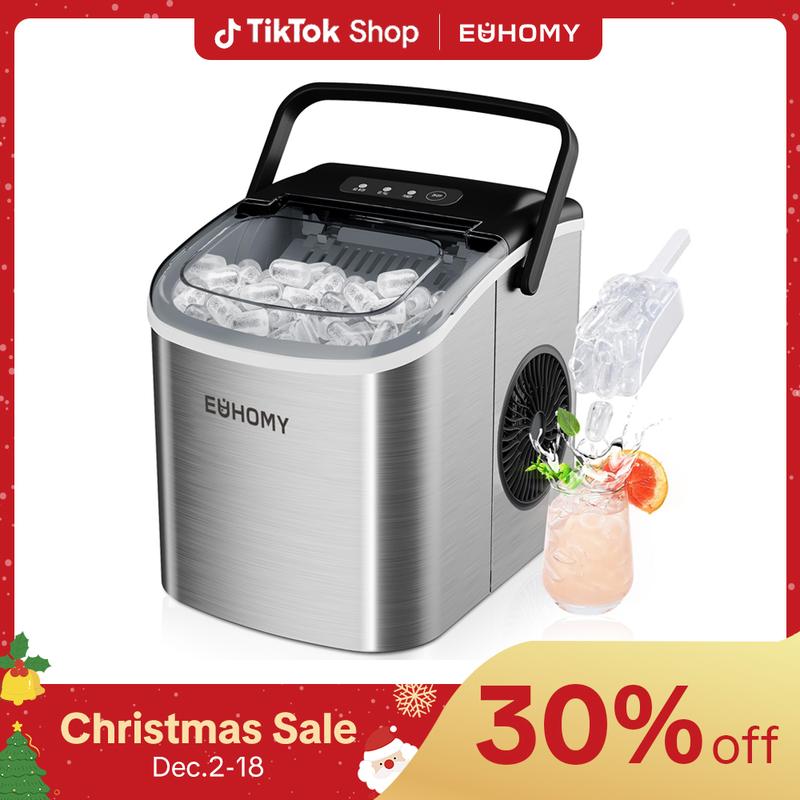 EUHOMY Ice Maker Countertop with Handle, 26lbs in 24Hrs, 9 Ice Cubes Ready in 6 Mins, Auto-Cleaning Portable Ice Maker with Basket and Scoop, for Home/Kitchen/Camping/RV. (2024 New Silver) Utensils