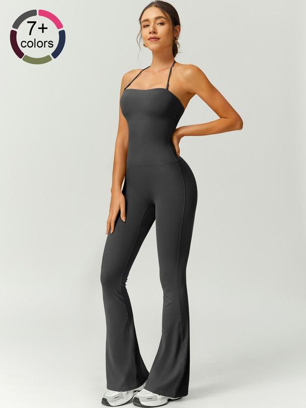 Women's Solid Color Flare Leg Sports Jumpsuit, Casual Comfy Breathable Jumpsuit for Yoga Gym Workout, Ladies Sportswear for Summer, Sporty Jumpsuit, Workout Jumpsuits, Tight Fitting Jumpsuit
