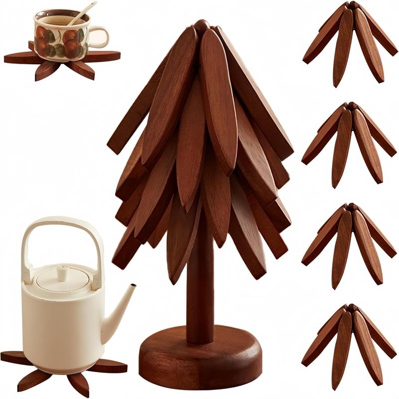 Natural Tree Wooden Trivet Set - 4 Trivets & 1 Stand, Heat-Resistant Foldable Kitchenware, High-Density Durable Solid Wood, Home Tree-Shaped Coasters for Hot Dishes, Multi-Functional, Special Texture, Christmas Gift