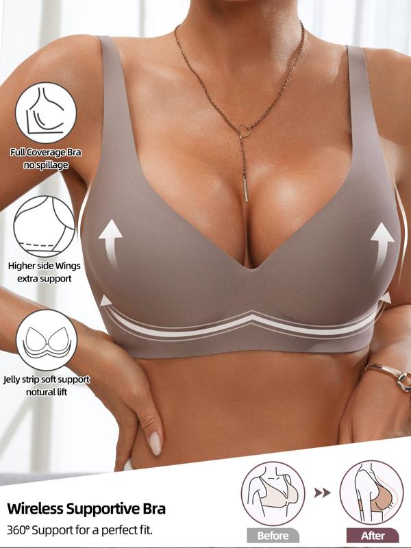Women's Wireless Jelly Supportive Bra, Soft Comfy Bra, Deep V Design, Medium Support, Three-Quarter Cup, Casual Fitted Lined Underwear, All Seasons