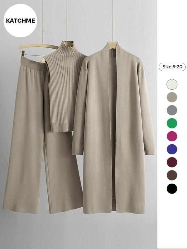 Trendy Knit Soft Turtle Neck Tank Top & Wide Leg Trousers with Open-front Long Cardigan Three-piece Loose Clothes Sets, Casual Womenswear, Long Sleeve