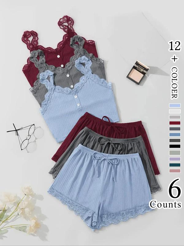 Women's Elegant Chic Contrast Lace Button Jersey Cami Top & Elastic Waist Tie Front Shorts Pyjama Set, Casual Comfortable Soft Loungewear Set For Women, Fit Pyjamas for Women, Spring