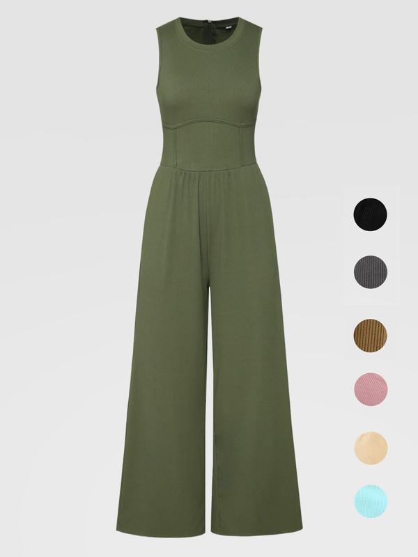 Women's Plain Pocket Zipper Round Neck Tank Jumpsuit, Casual Sleeveless Crew Neck Wide Leg Jumpsuit, Ladies Clothes for Daily Wear, Overalls