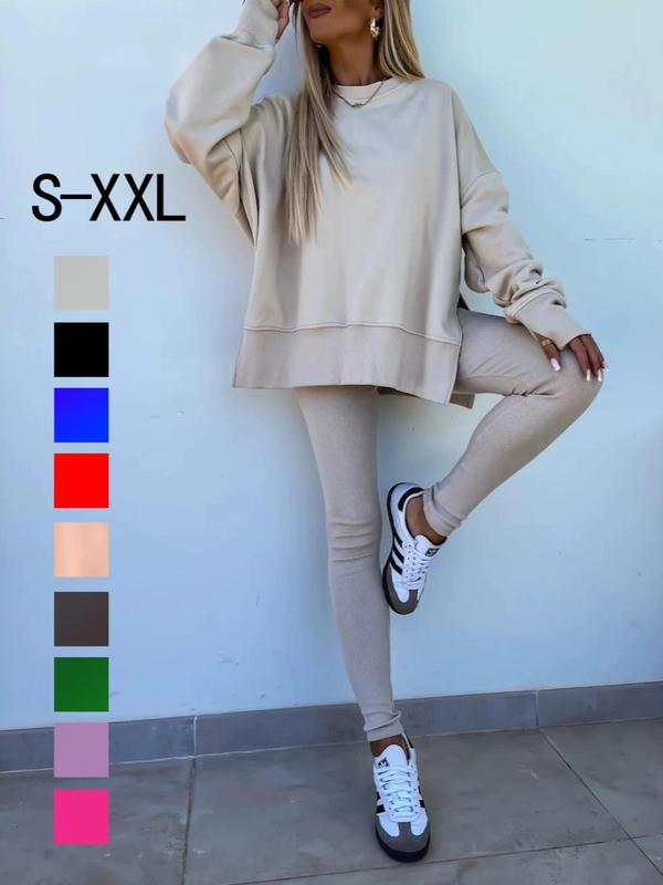 Women's Solid Sweatshirt & Skinny Pants Two-piece Set, Casual Outfits Women, Casual Basic Fashion Cozy Round Neck Long Sleeve Pullover & Trousers for Daily Outdoor Wear, Ladies Spring & Fall Clothes