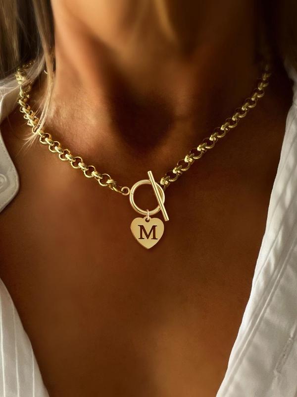 Heart Hollow Out Initial Pendant Necklace, Stainless Steel Fancy Link Chain Necklace for Women with OT Buckle, Elegant Fashion Jewelry for Party, Daily Decor, Trendy All-match & Exquisite Jewelry for Birthday Gift