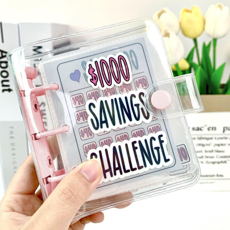 $1000 Saving Challenge Binder, Mini Portable Budget Binder, 1 Count Saving Money Budget Planner, Savings Binder Cash Storage Stuffing Binder, Money Saving Challenge Clear Loose Leaf Book, Office Supplies