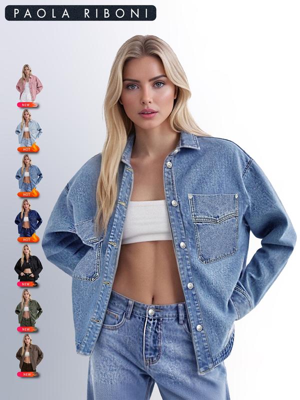 Women's Plain Basic Drop Shoulder Long Sleeves Denim Jacket Coats, Casual Outerwear With Pockets For All Seasons