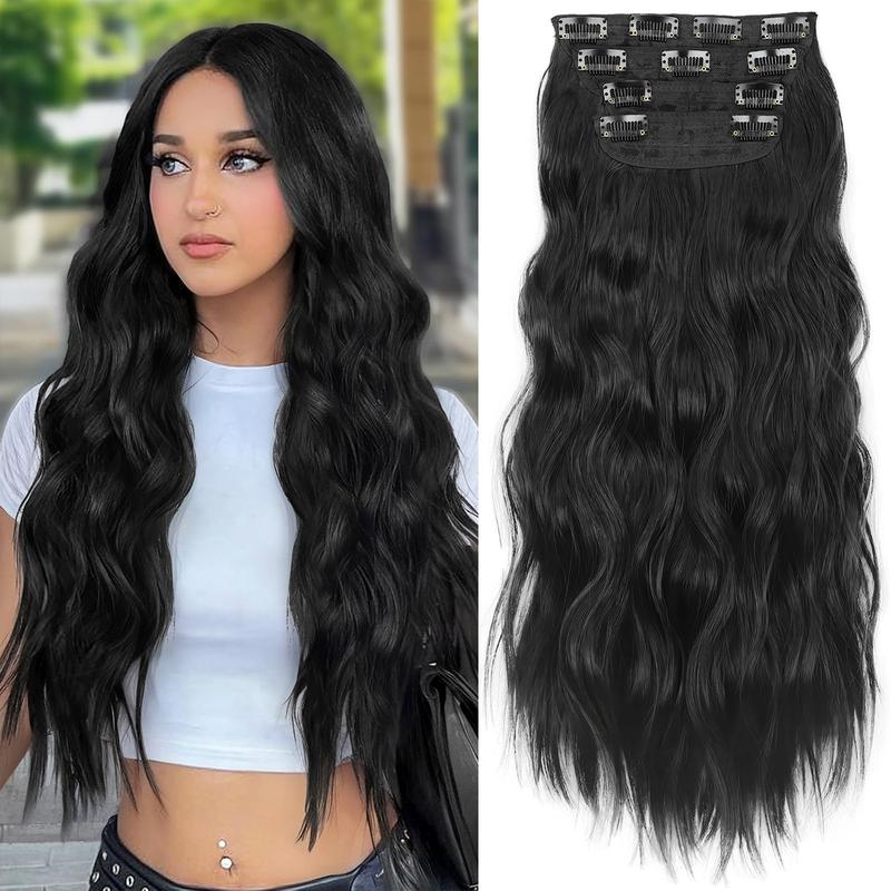 KooKaStyle 4PCS Clip in Hair Extensions for Women, 24 Inch Long Wavy Synthetic Hairpieces, 220g Thick Double Weft Extensions for Instant Volume, Length and Natural Blend