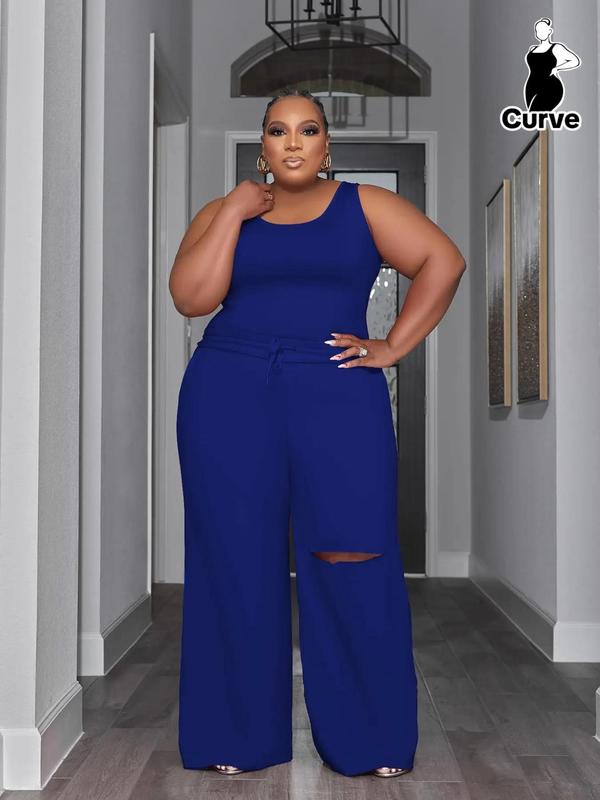 Plus Size Solid Tank Top & Elastic Waist Cut Out Wide Leg Pants Set, Casual Minimalist Scoop Neck Sleeveless Top & Drawstring Waist Trousers, Women's Two-piece Outfits for Summer, Womenswear, Casual Matching Set, Clothes