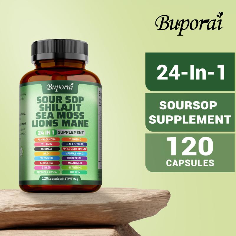 Soursop Dietary Supplement, rich in antioxidants, 120 capsules per bottle, with added shiitake mushroom, seaweed, and lion's mane mushroom, 24 in 1, supports skin, joint, and bone health.
