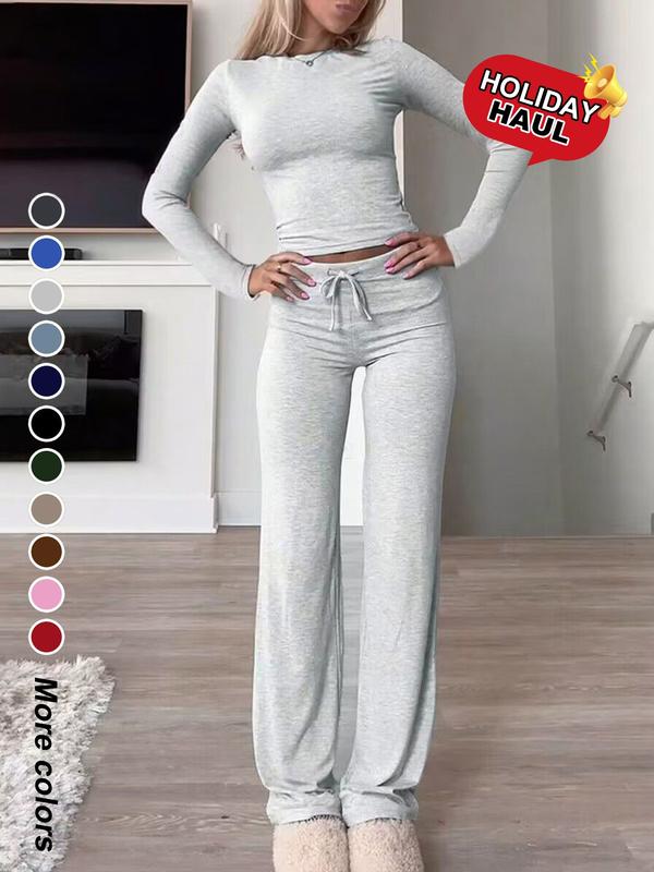 Women's Solid-Color Long-Sleeve Soft Knit Fabric Crop Tee & High-Waisted Drawstring Pants Two-Piece Set, Casual Slim-Fit Everyday Outfit for Fall and Winter