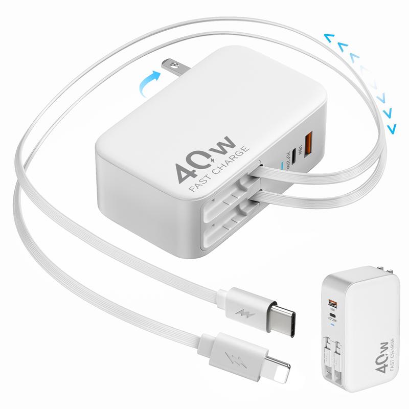 4-in-1 Retractable USB C Charger Wall Plug with 35.5in/90cm Type C Cables Cords,40W Fast Charging Foldable Block Multi Charger for All Devices for iPhone 17/16/15/14/13/12,iPad,Galaxy,Pixel outdoorfun