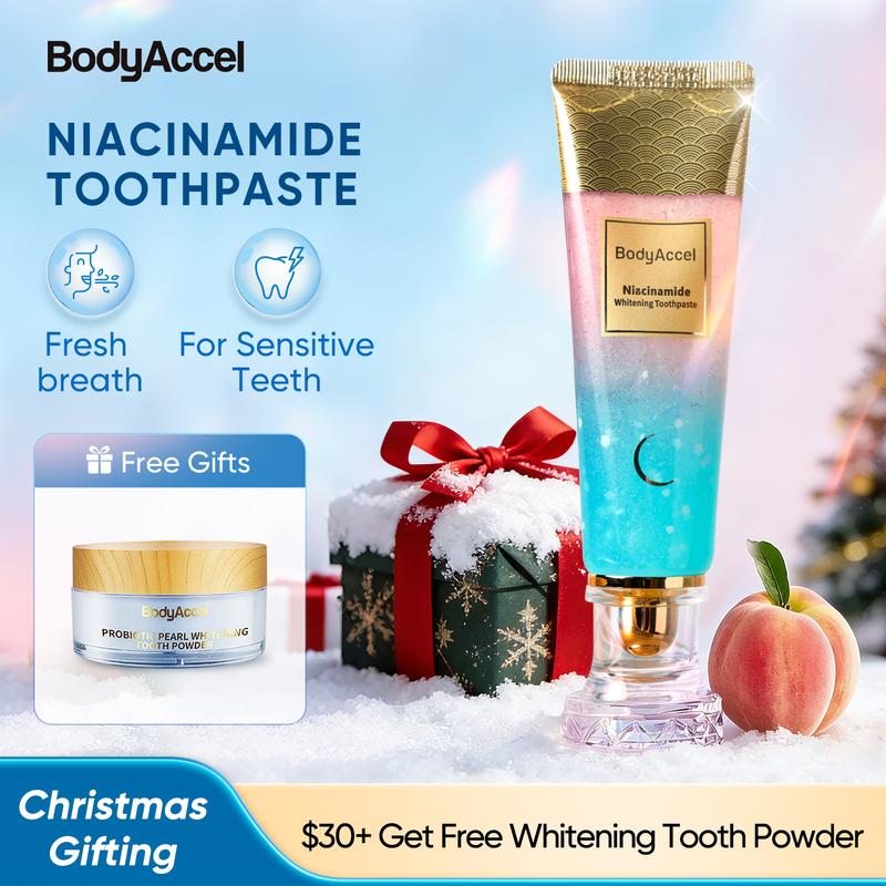 ãBodyAccelã Niacinamide Whitening Toothpaste - Fast Acting Formula with Peach Extract & Mint for Sensitive Teeth - Eco Friendly & Fluoride Free - 100g
