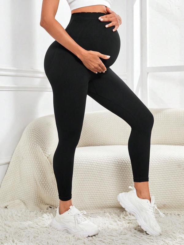 Maternity's Solid High Waist Leggings, Casual Comfy Breathable High Stretch Seamless Yoga Leggings for Pregnancy, Maternity Bottoms for All Seasons, Maternity Clothing