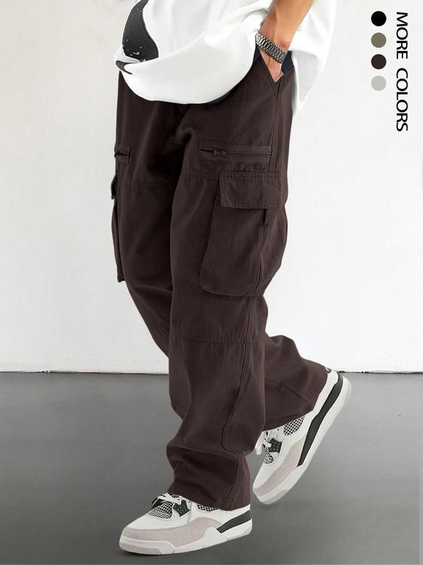 Men's Loose Solid Pocket Drawstring Waist Cargo Pants, Unisex Casual Comfy Zipper Cargo Pants for Daily Outdoor Wear, Women Woven Bottoms for All Seasons