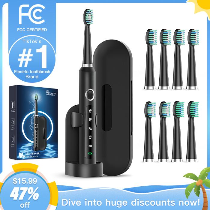 RTAUYS Sonic Electric Toothbrush for Adults - Rechargeable Electric Toothbrushes with 8 Brush Heads & Holder, Travel Case, Power Electric Toothbrush with Holderï¼3 Hours Charge for 120 Days