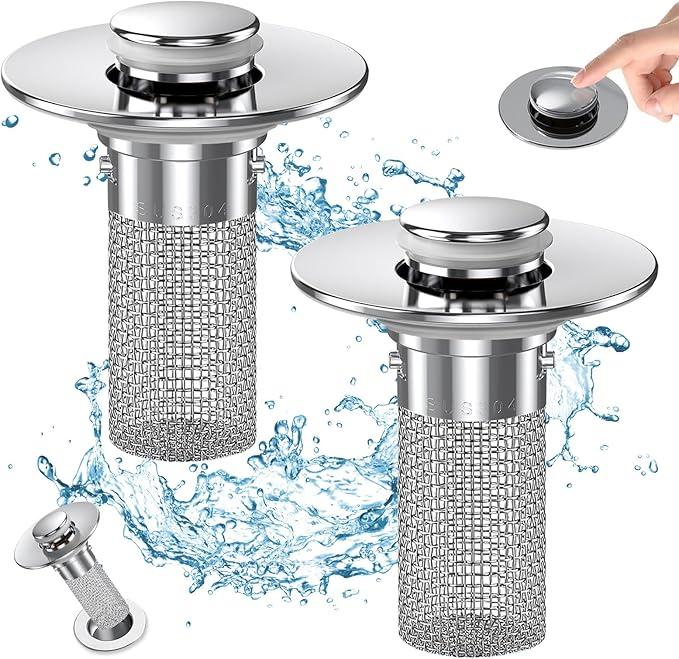 KKC 2/1 pcs Pop-Up Bathroom Sink Drain Strainer, Stainless Steel Hair Catcher Basket with Brass Drain Plug, Universal Fit for US Bathroom Sinks, Bathtubs, Showers & Floor Drains summerwins