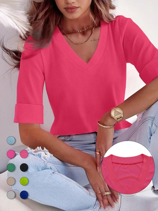 Plus Size Solid V Neck Roll Up Sleeve Tee, Casual Fitted Soft T-shirt , Women's Plus Clothing for Daily Wear, Cute Tops, Quality and Durability, Jersey, Womenswear