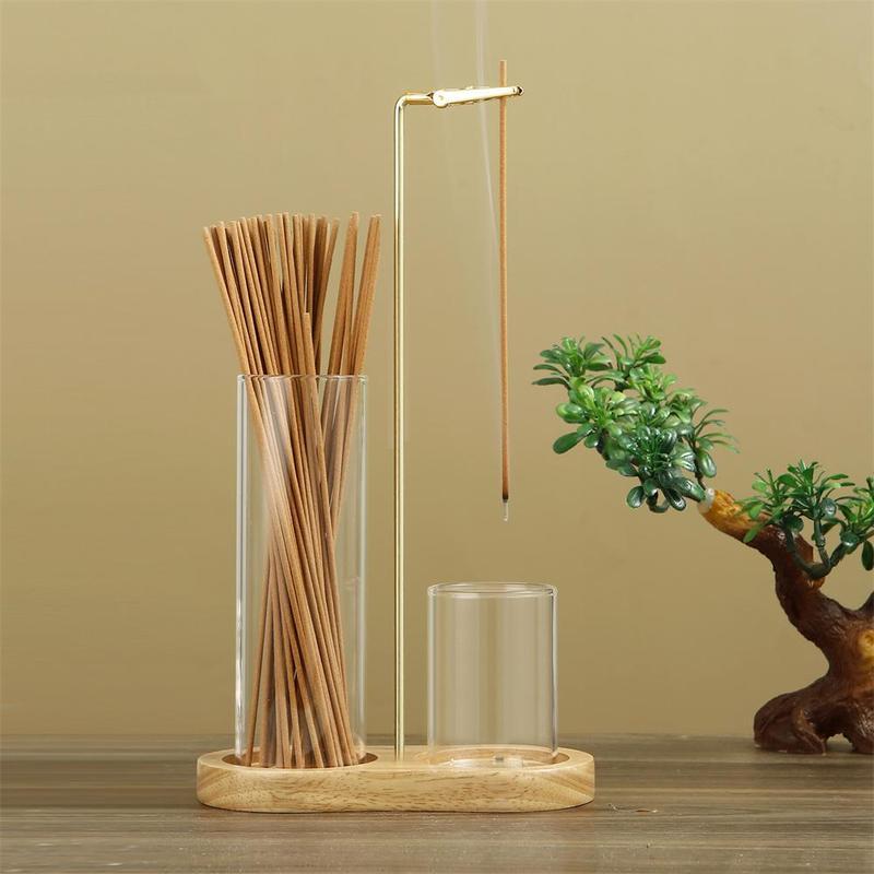 2 in 1 Incense & Candle Holder, 1 Count Wooden Base Aromatherapy Diffuser Incense Burner with Removable Glass Ash Collector, Woody Home Decor Ornament for Living Room Bedroom, Funny Gift, Scented, Aroma, Fragrance Perfume