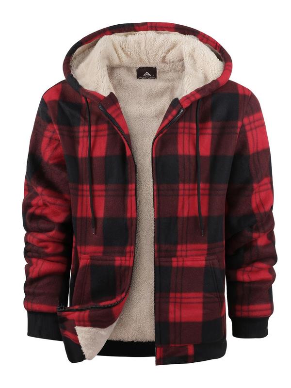 Men's Plaid Print Checked Zip Up Drawstring Hooded Jacket, Regular Fit Casual Thermal Lined Long Sleeve Pocket Outerwear for Fall & Winter, Men's Clothes for Daily Wear Menswear Hoodie Jacket