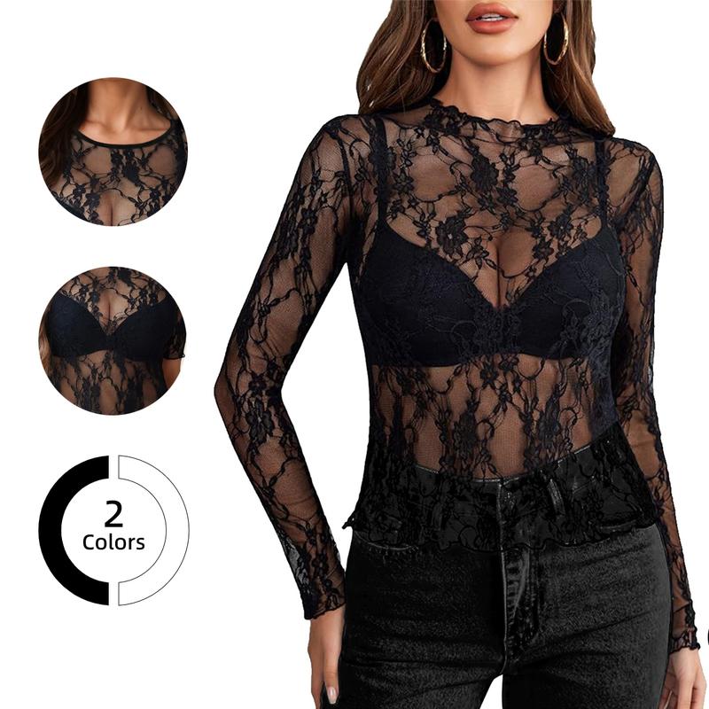 Chicovar Women's 90s Grunge Mesh Short Top –Lace Long Sleeve Mock Neck Sheer Blouse, Cropped Fit (Hits at Waist), Plus Size S-4XL, Perfect for Layering & Concerts! Womenswear Crewneck, Summervibes
