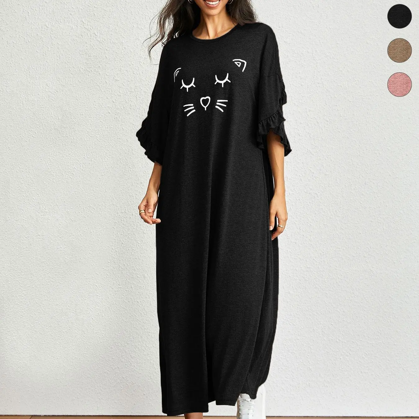YOZY Cat Print Tee Dress, Loose Ruffle Trim Petal Sleeve Flattering Tummy Drop Shoulder Long Dresses, 2024 Women's Home Lounge Sleepwear for All Season