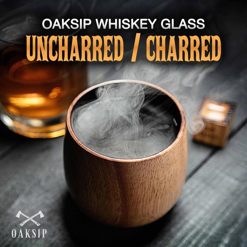 Oaksip - Wooden Whiskey & Bourbon Drinking Glass Tumbler Cup, Charred or Uncharred Old Fashioned Glass, Perfect Gift for Men, Traditional Drinkware, Perfect Father's Day Gift, Gift for Dad, Father's Day