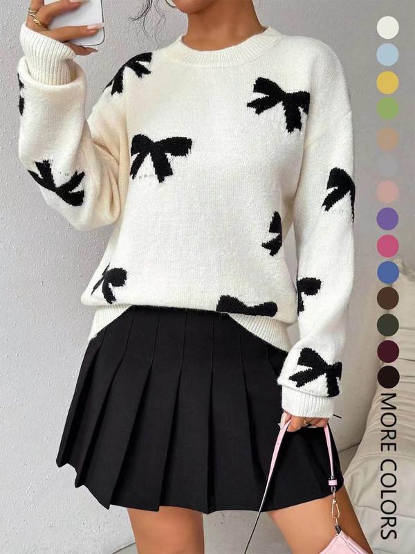 Women's Fashion Bow Print Casual Loose Knit Sweater, New Long Sleeve Pullover for Autumn and Winter, Knitwear