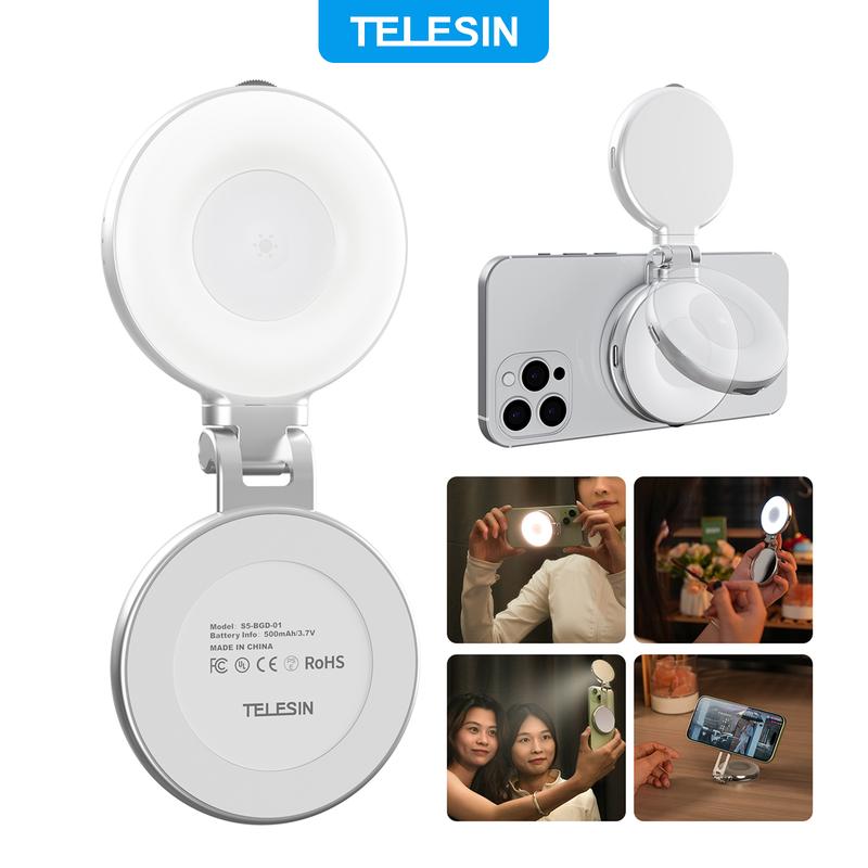 TELESIN Magnetic Selfie Light, 360°  3 Color Temperatures  LED Ring Light with MagSafe,Mirror and Phone Stand, Portable Rechargeable Light,for Makeup, Live Streaming, Video,Compatible with iPhone 17/all series, Samsung,Android