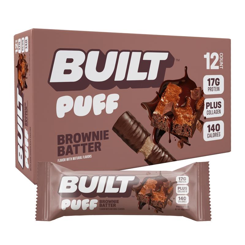Official BUILT Bar, Puff Protein Bar Snacks, Brownie Batter Puff, 17g Protein, 140 calories, Collagen, Gluten Free, 12 Count Box